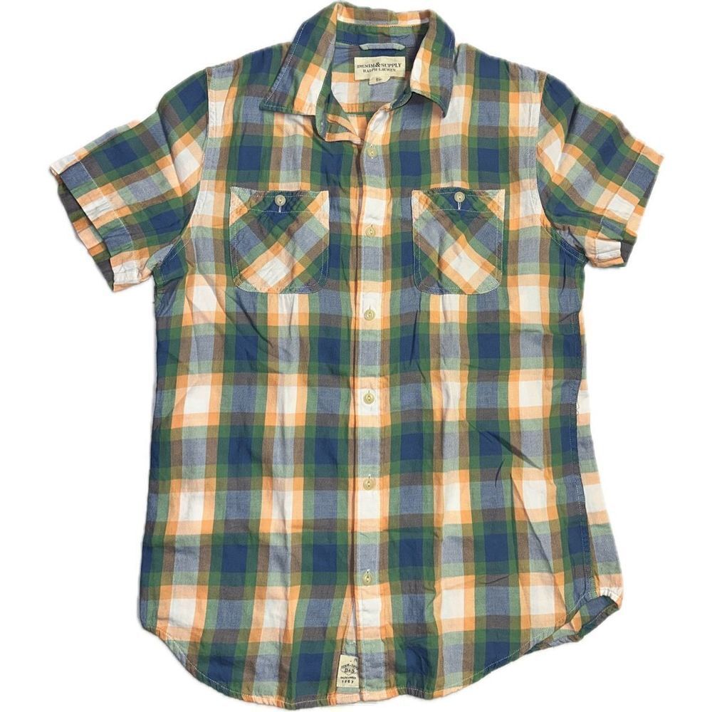 Denim & Supply Ralph Lauren Plaid Flannel Men’s Shirt Medium Green Orange‎